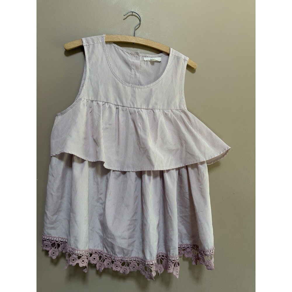 Miss Lili Pink White Stripe Ruffle Lace Hem Blouse‎ Tank Top Sleeveless Size L